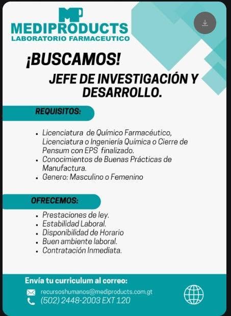 OFERTA LABORAL PARA QUÍMICO (A) FARMACÉUTICO (A)