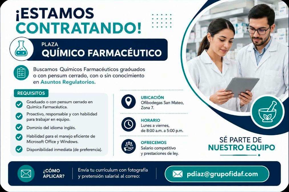 OFERTA LABORAL PARA QUÍMICO (A) FARMACÉUTICO (A)