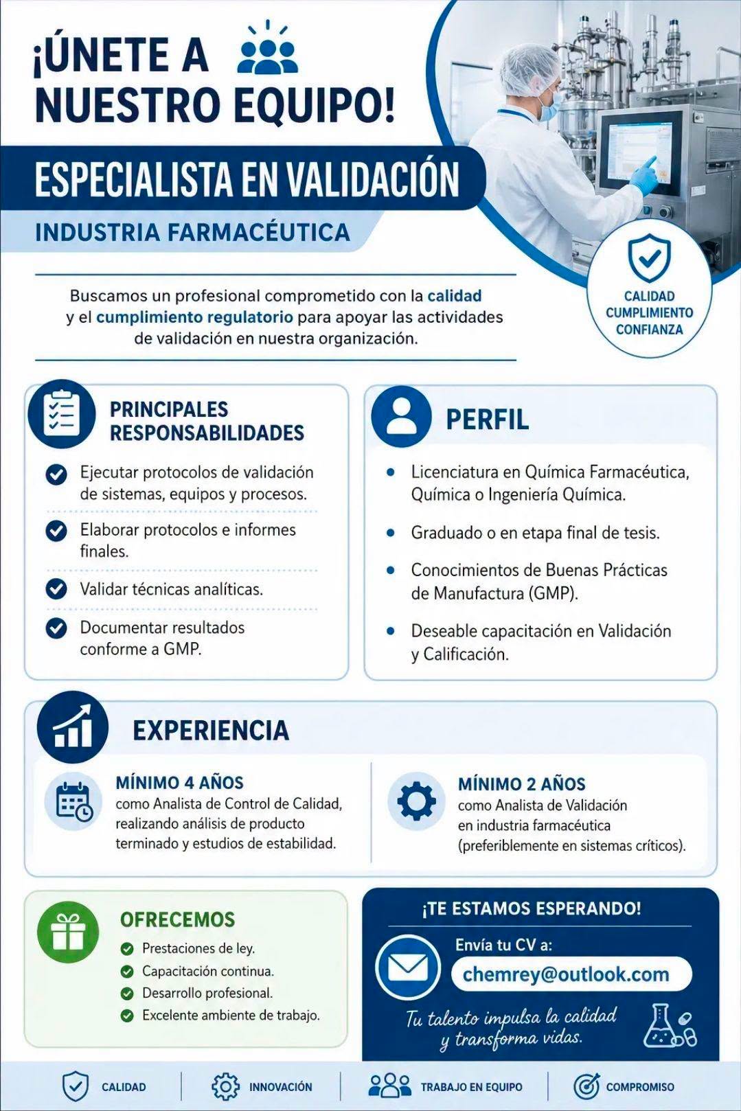 OFERTA LABORAL PARA QUÍMICO (A) FARMACÉUTICO (A)
