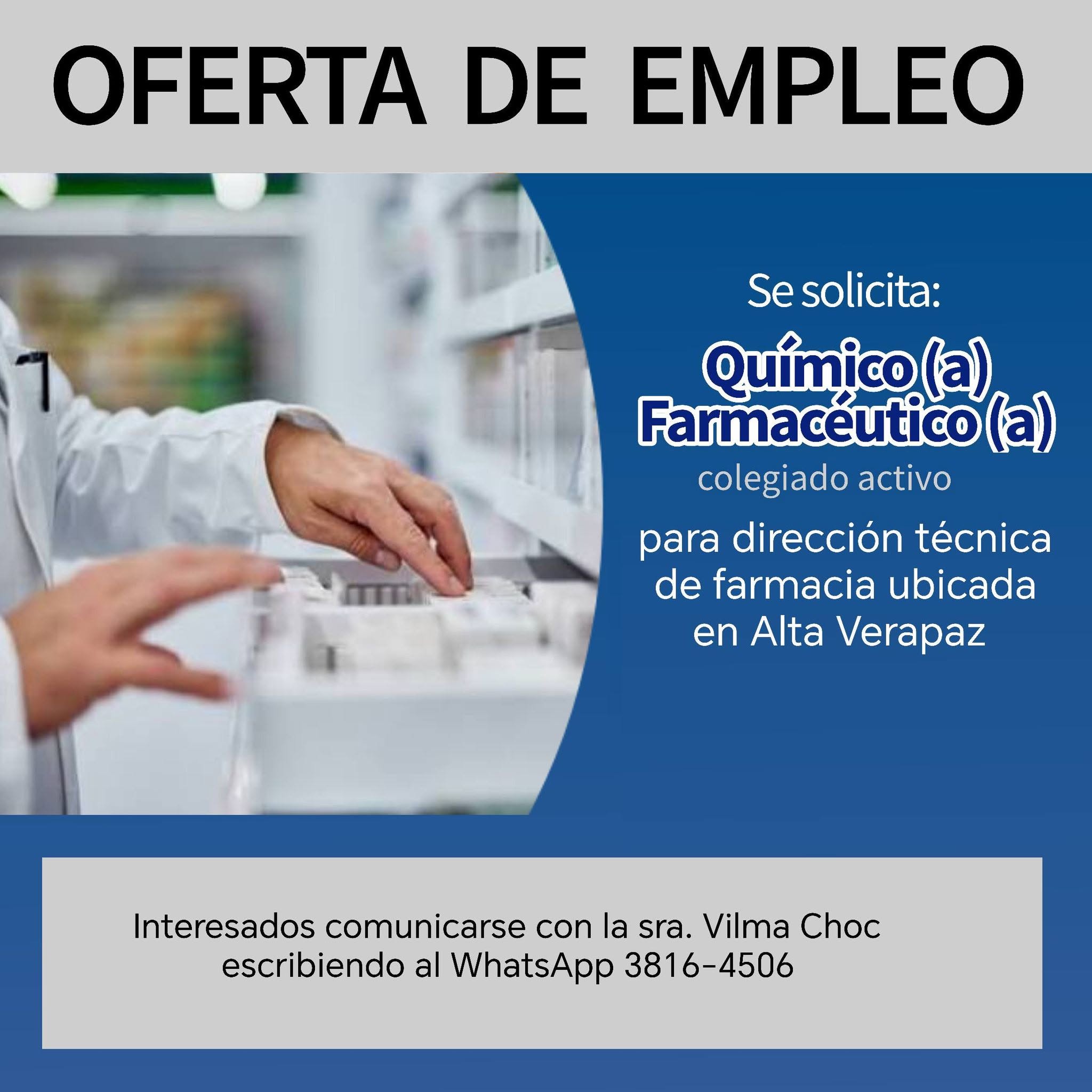 OFERTA LABORAL PARA QUÍMICO (A) FARMACÉUTICO (A)