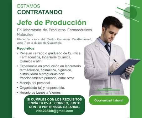 OFERTA LABORAL PARA QUÍMICO (A) FARMACÉUTICO (A)