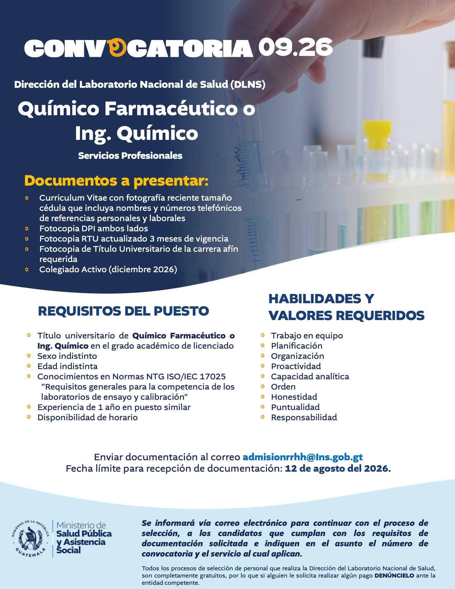 OFERTA LABORAL PARA QUÍMICO (A) FARMACÉUTICO (A)