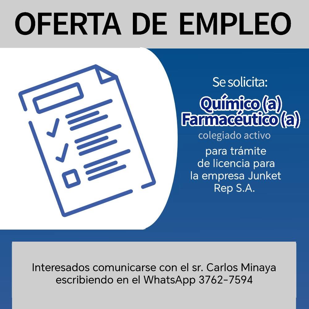 OFERTA LABORAL PARA QUÍMICO (A) FARMACÉUTICO (A)