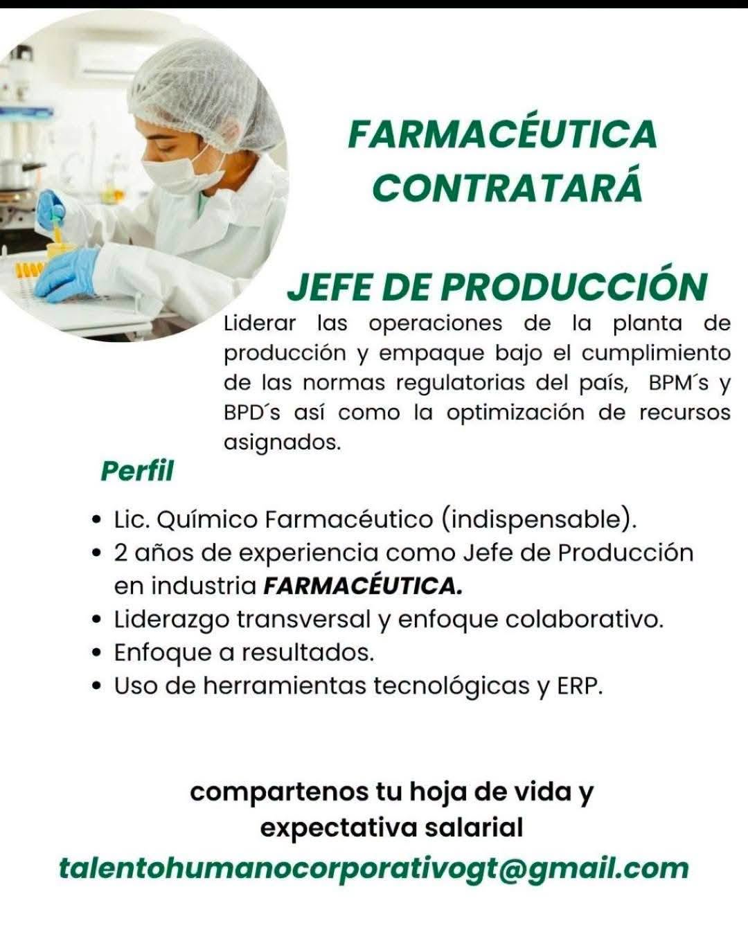 OFERTA LABORAL PARA QUÍMICO (A) FARMACÉUTICO (A)