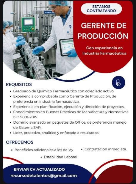 OFERTA LABORAL PARA QUÍMICO (A) FARMACÉUTICO (A)