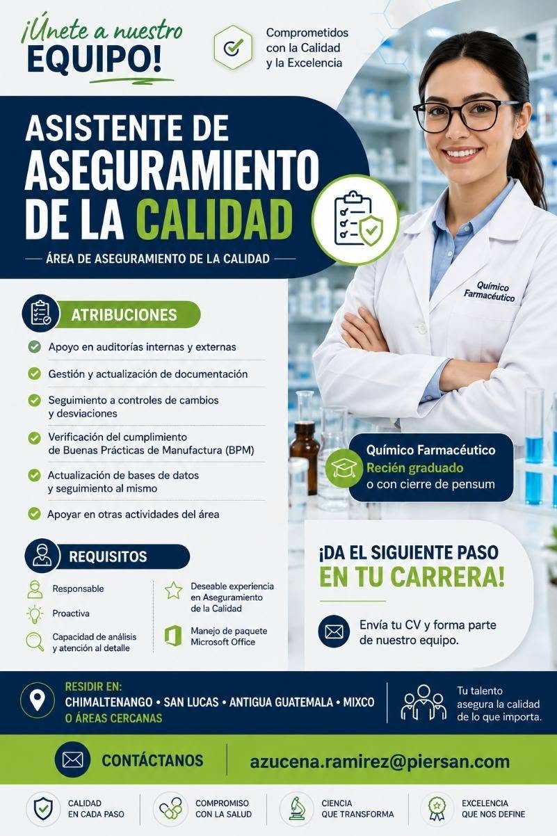 OFERTA LABORAL PARA QUÍMICO (A) FARMACÉUTICO (A) EN CHIMALTENANGO