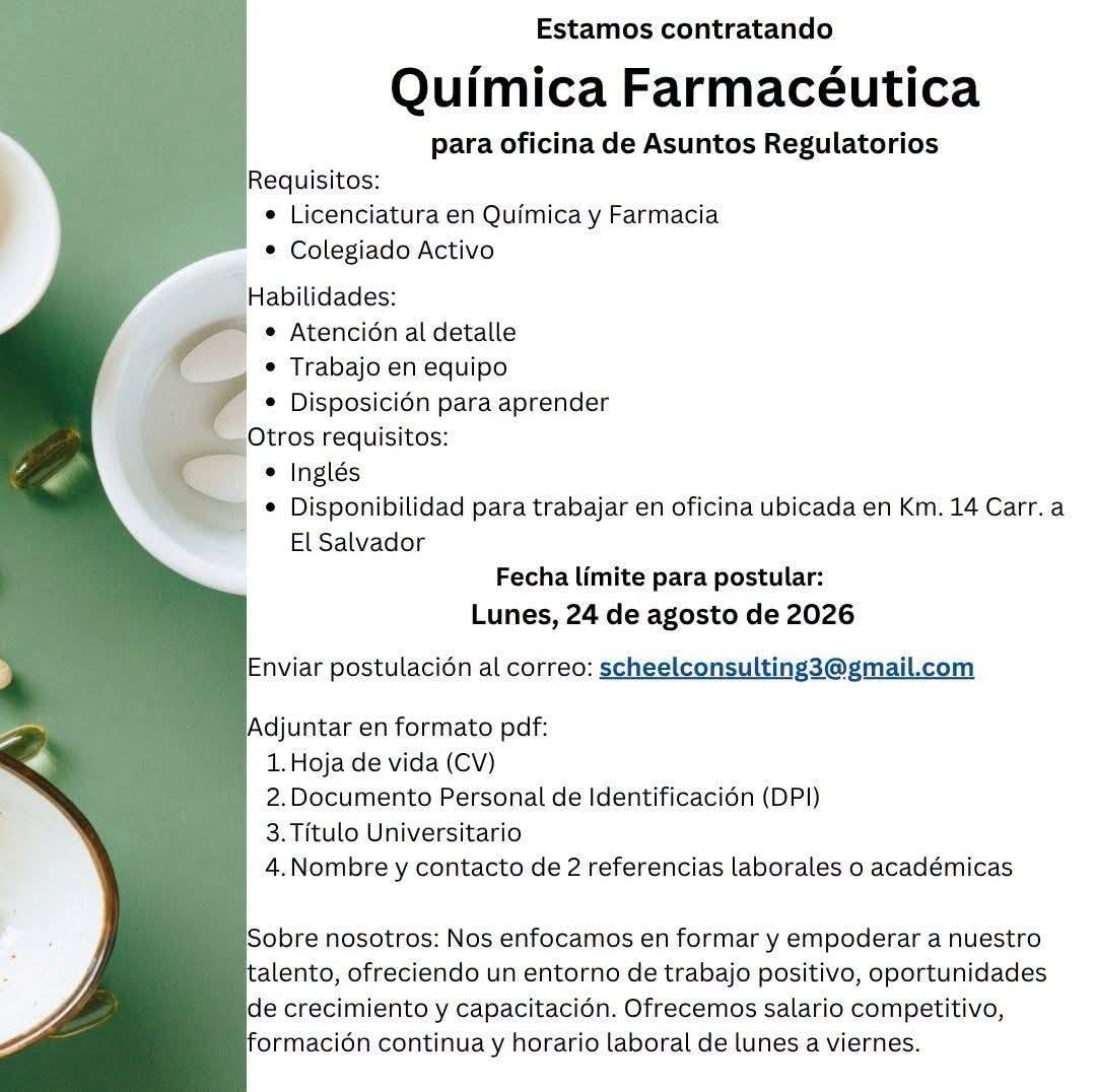 OFERTA LABORAL PARA QUÍMICO (A) FARMACÉUTICO (A)