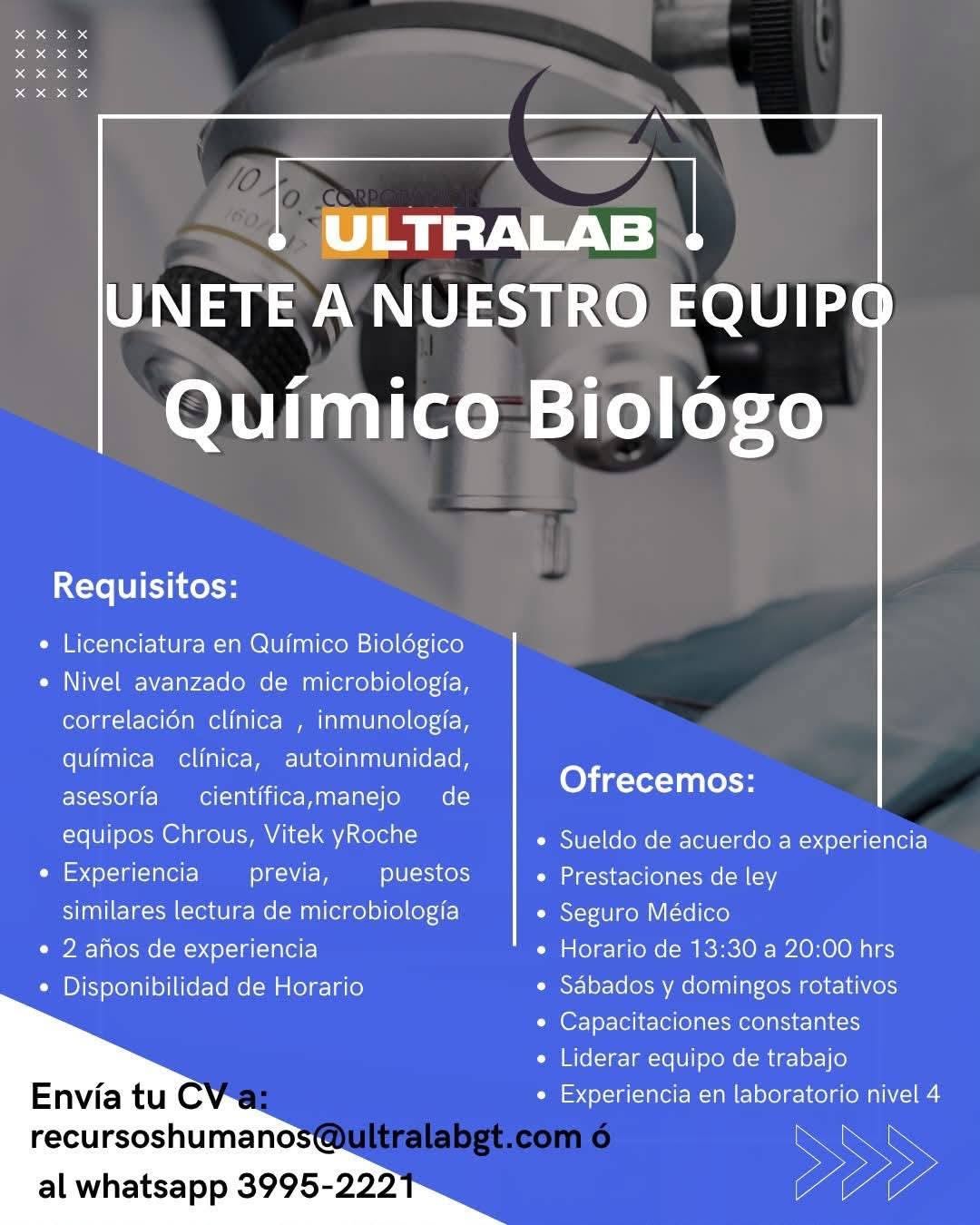 OFERTA LABORAL PARA QUÍMICO (A) BIOLÓIGICO (A)