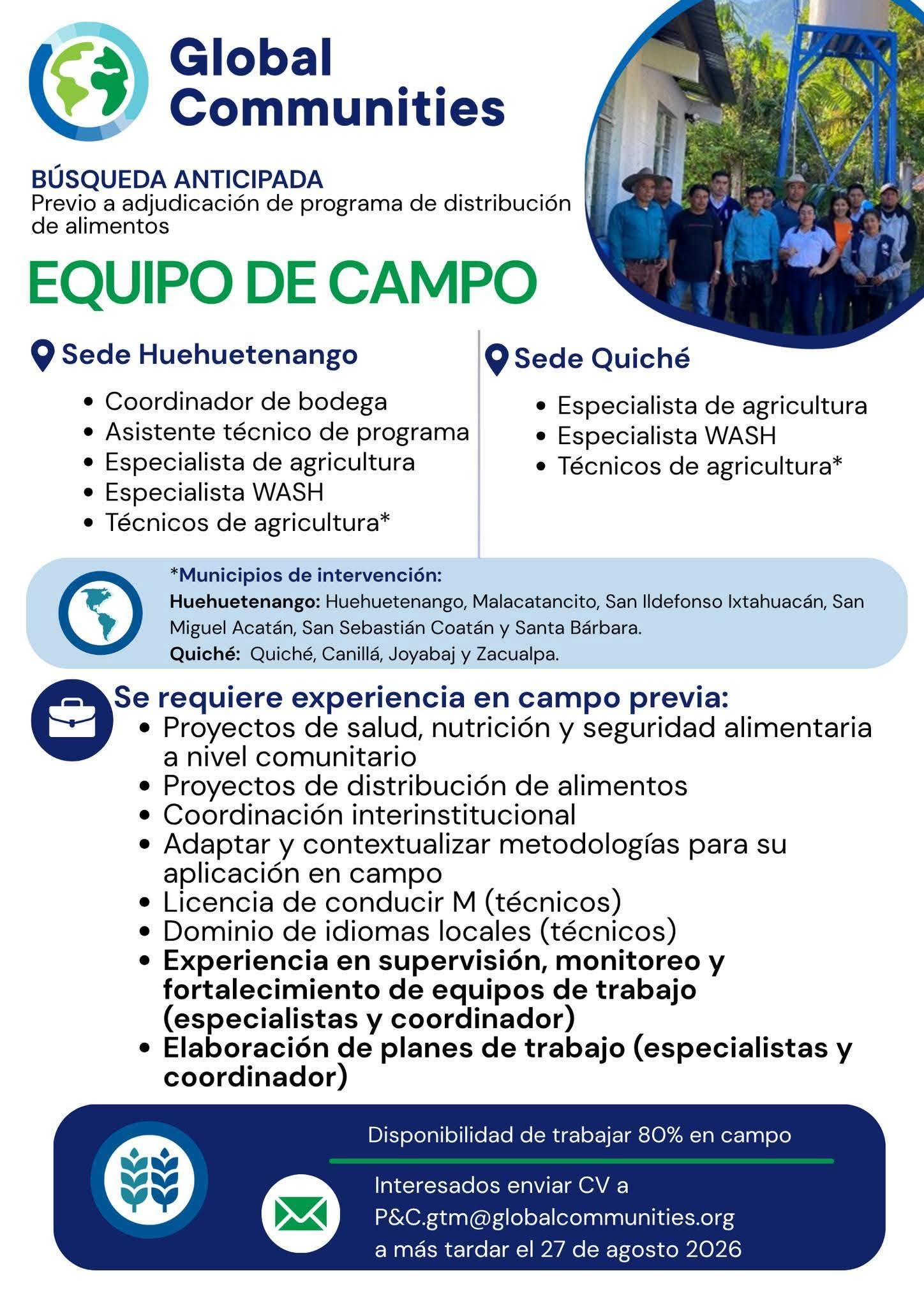 OFERTA LABORAL PARA NUTRICIONISTAS EN HUEHUETENANGO Y QUICHÉ