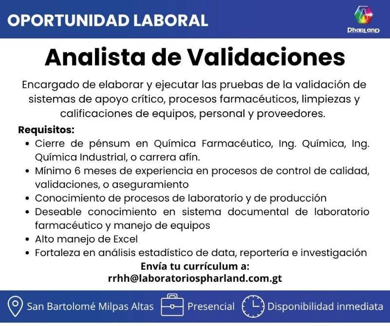 OFERTA LABORAL PARA QUÍMICO (A) FARMACÉUTICO (A)
