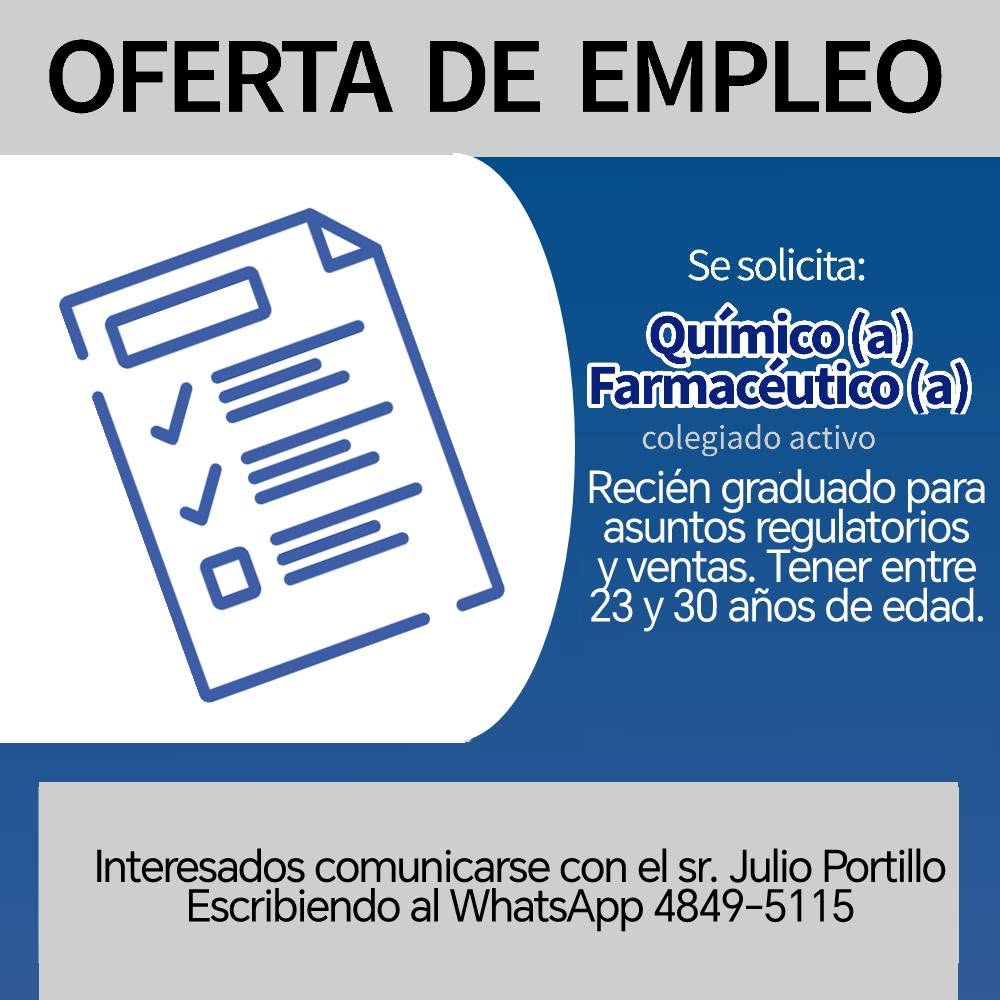 OFERTA LABORAL PARA QUÍMICO (A) FARMACÉUTICO (A)