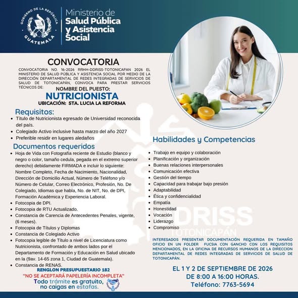 OFERTA LABORAL PARA NUTRUCIONISTA EN TOTONICAPÁN