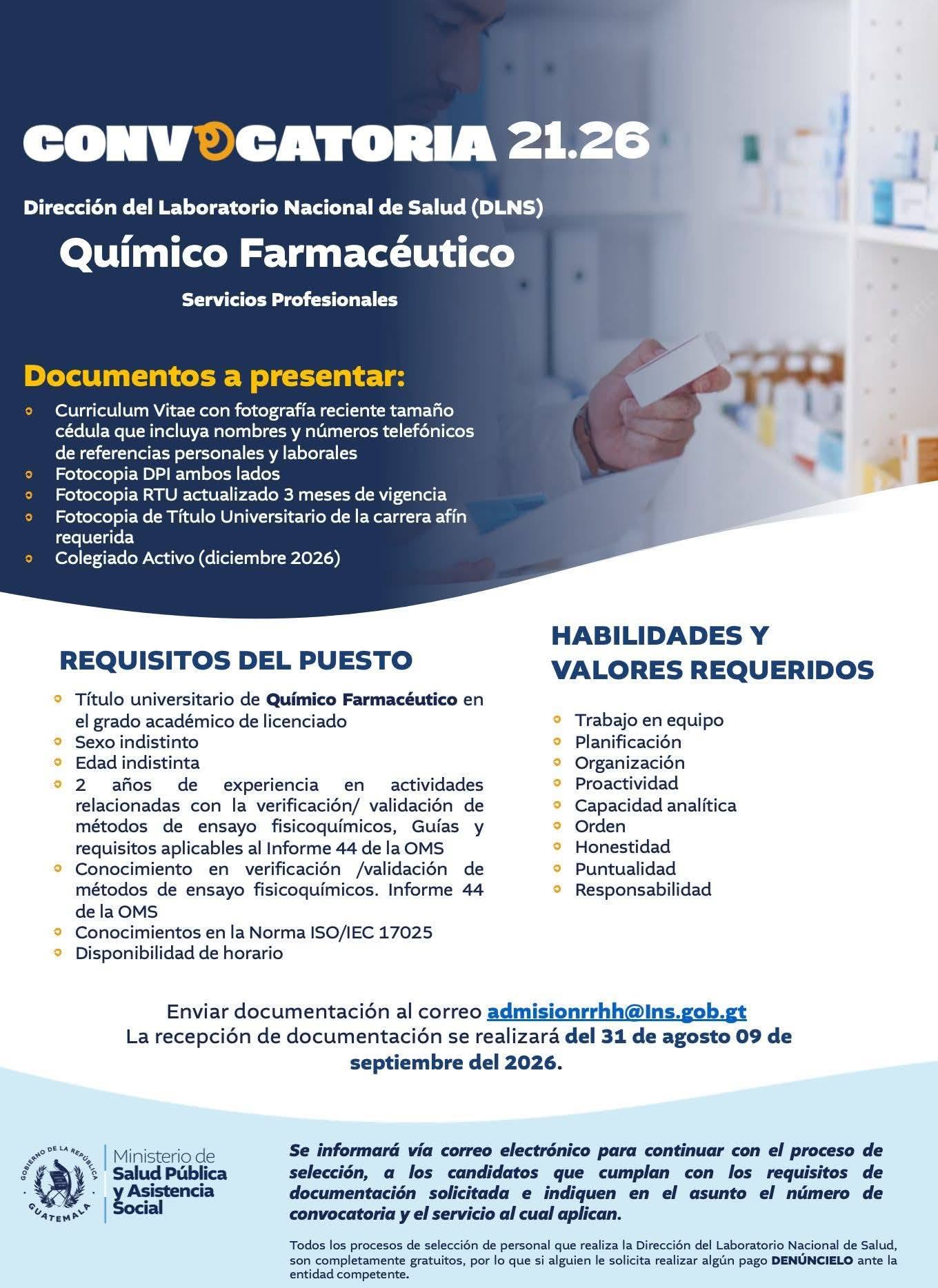 OFERTA LABORAL PARA QUÍMICO (A) FARMACÉUTICO (A)