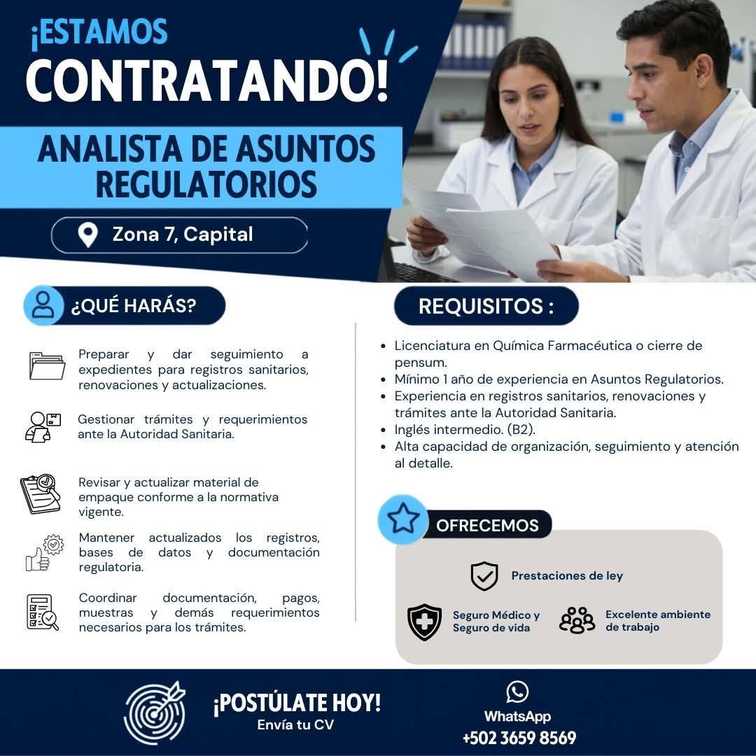 OFERTA LABORAL PARA QUÍMICO (A) FARMACÉUTICO (A)