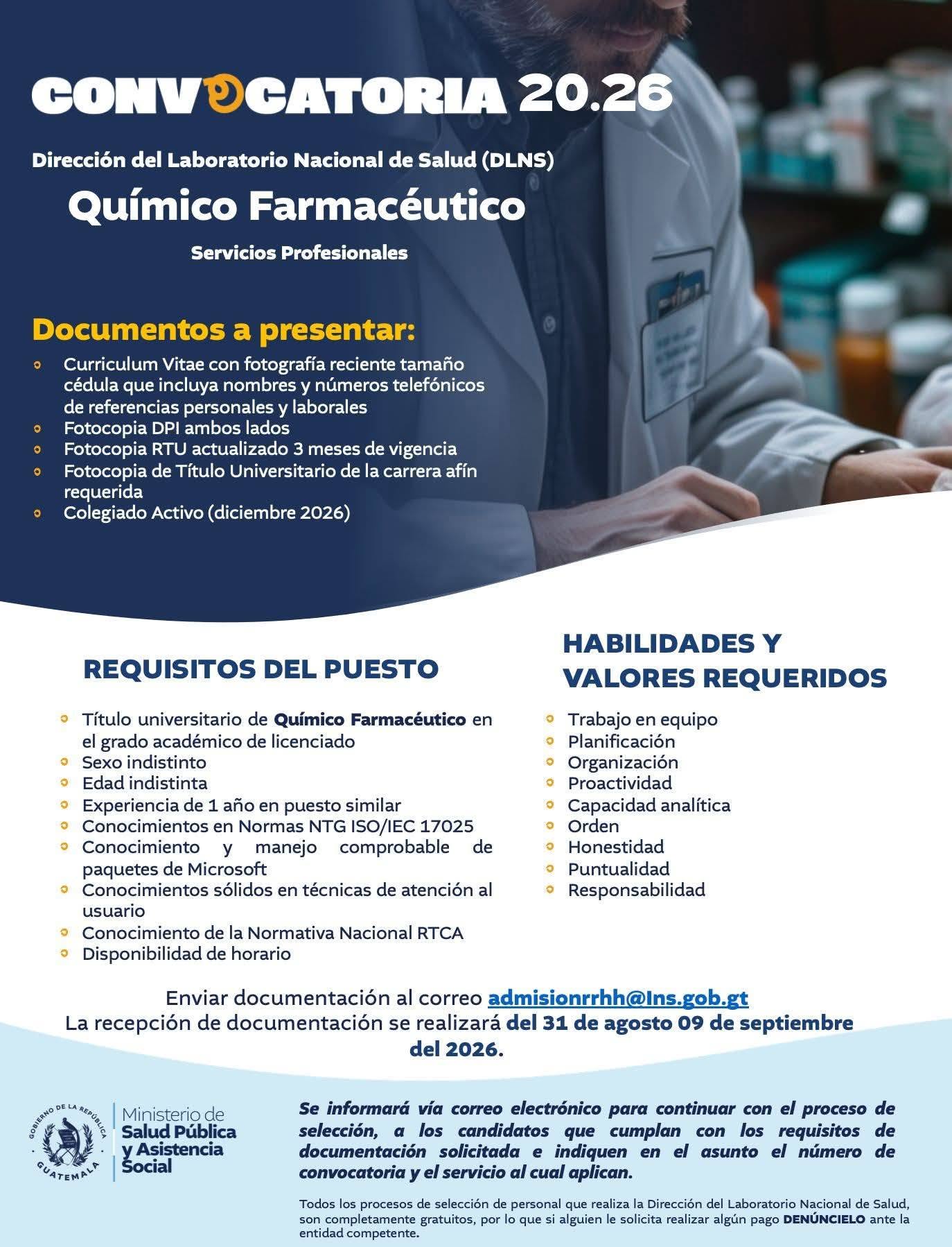 OFERTA LABORAL PARA QUÍMICO (A) FARMACÉUTICO (A)