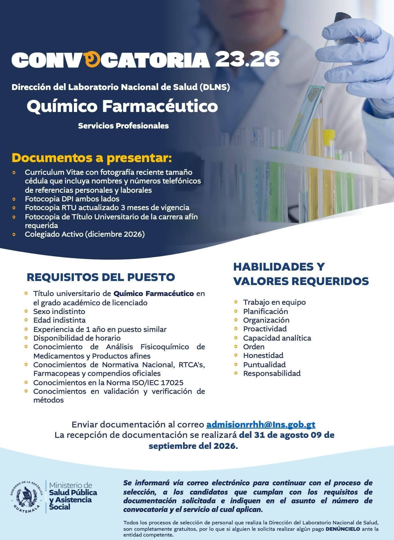 OFERTA LABORAL PARA QUÍMICO (A) FARMACÉUTICO (A)