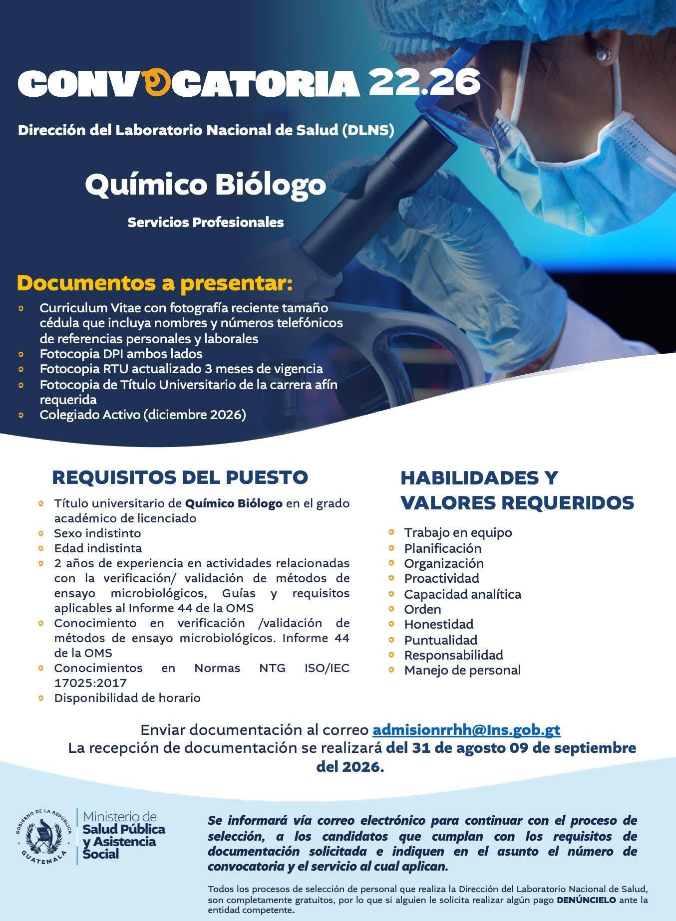 OFERTA LABORAL PARA QUÍMICO (A) BIÓLOGO (A)