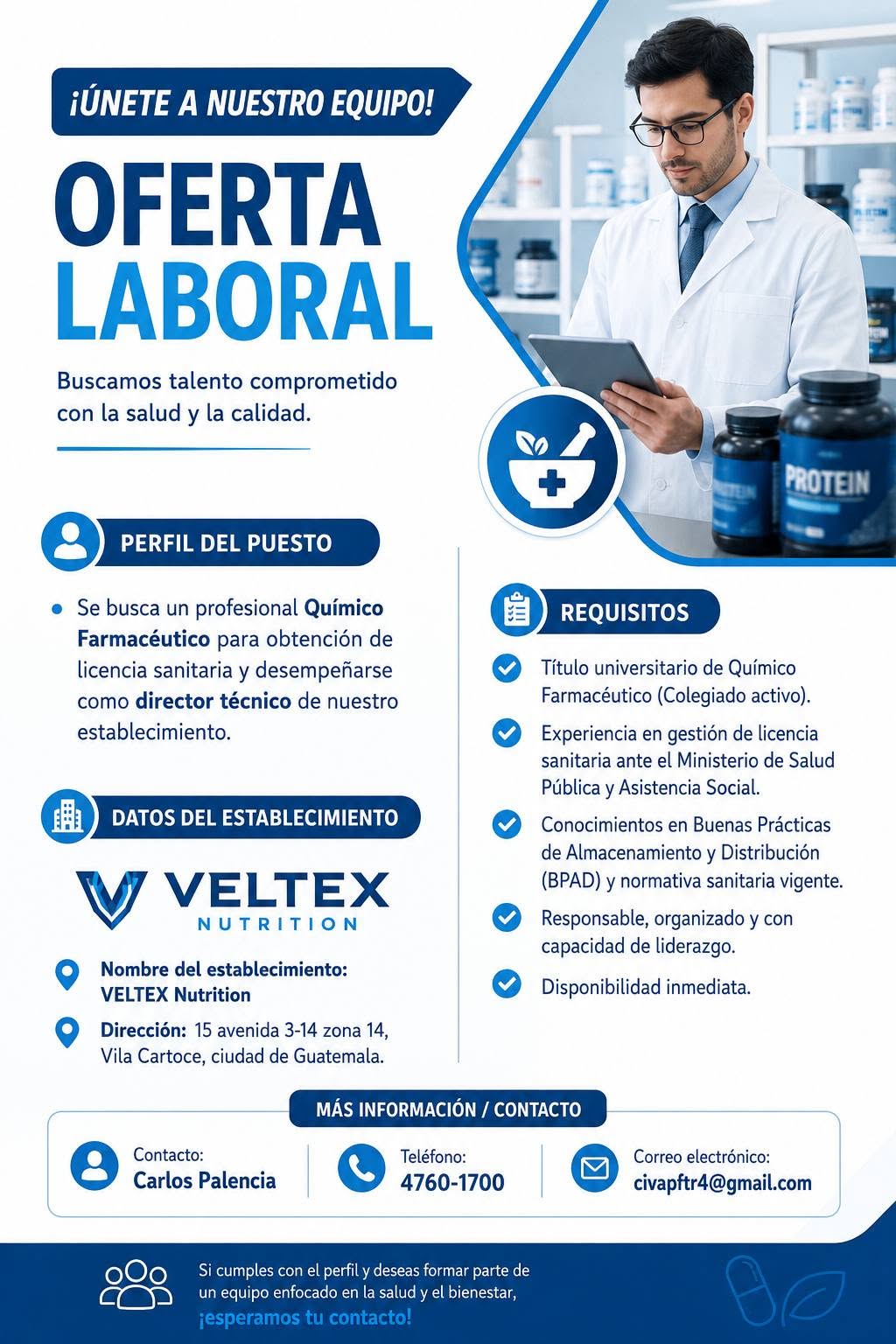 OFERTA LABORAL PARA QUÍMICO (A) FARMACÉUTICO (A)