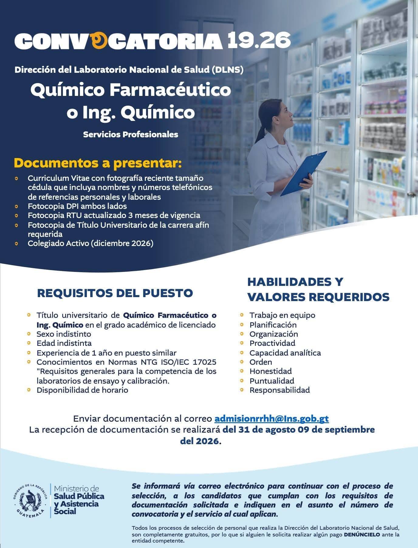 OFERTA LABORAL PARA QUÍMICO (A) FARMACÉUTICO (A)
