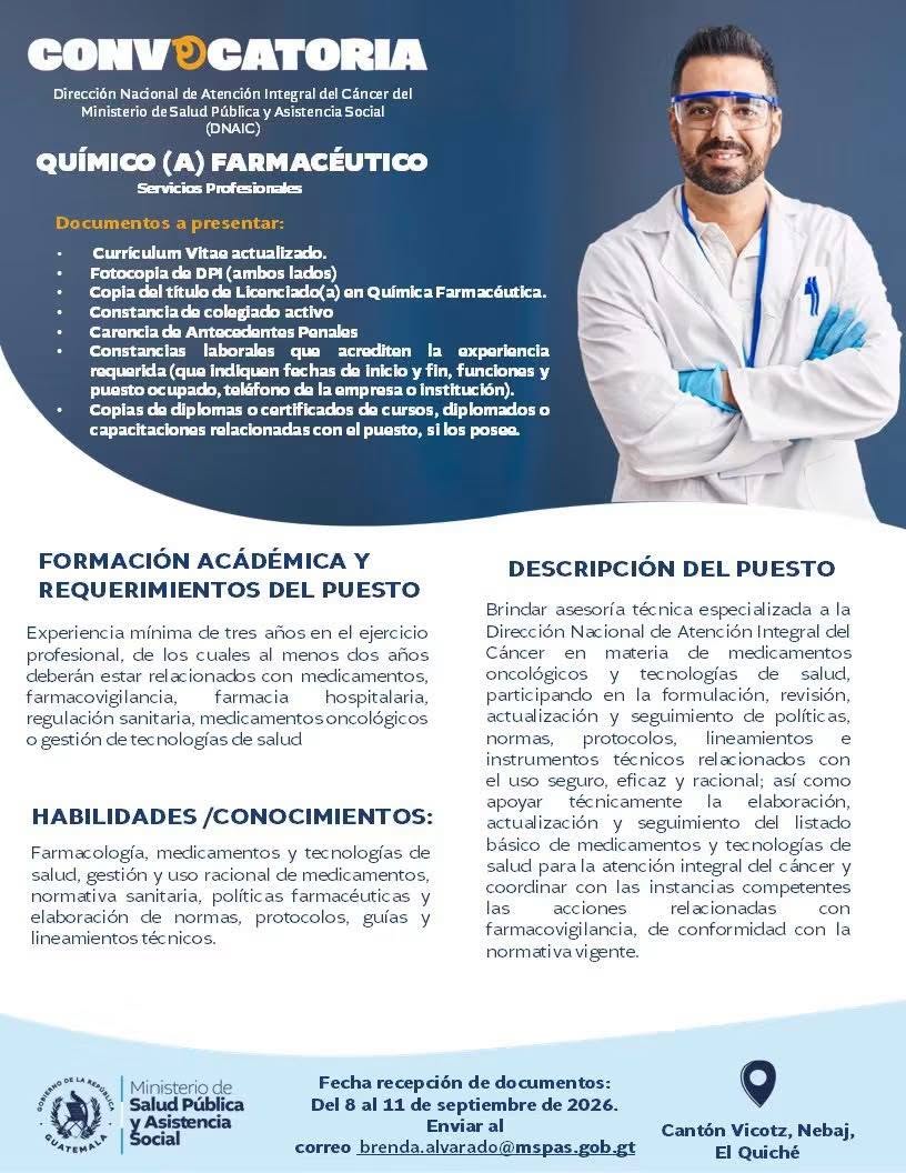 OFERTA LABORAL PARA QUÍMICO (A) FARMACÉUTICO (A)