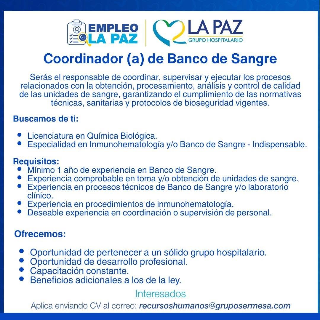 OFERTA LABORAL PARA QUÍMICO (A) BIÓLOO (A)