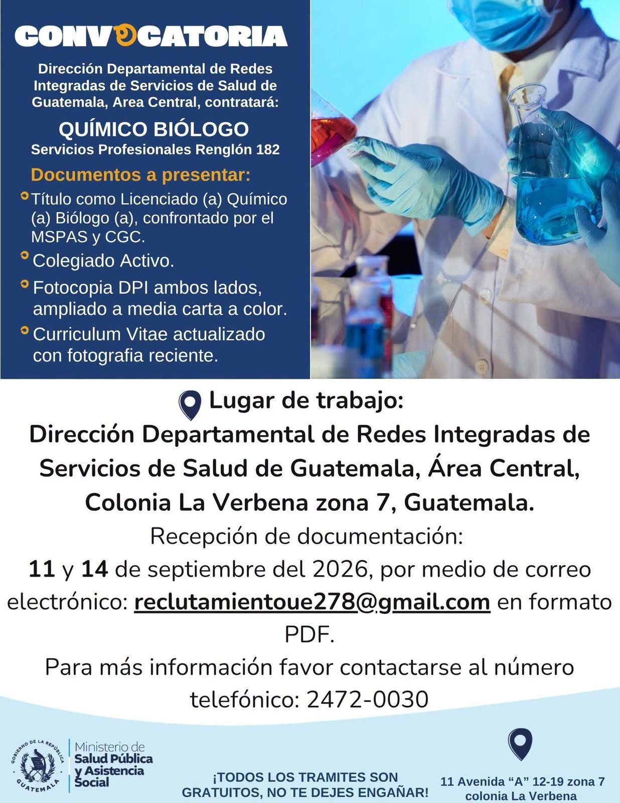 OFERTA LABORAL PARA QUÍMICO BIÓLOGO