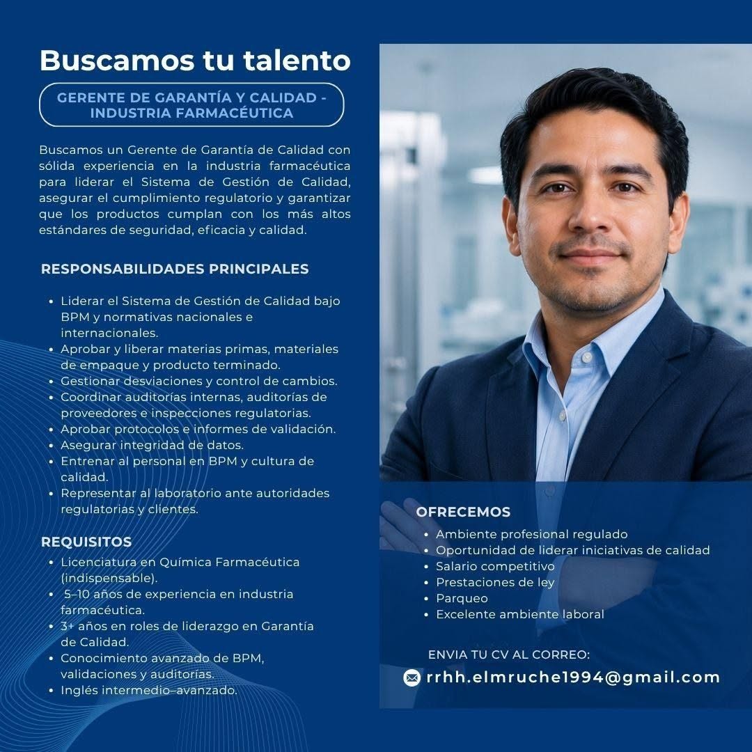 OFERTA LABORAL PARA QUÍMICO (A) FARMACÉUTICO (A)