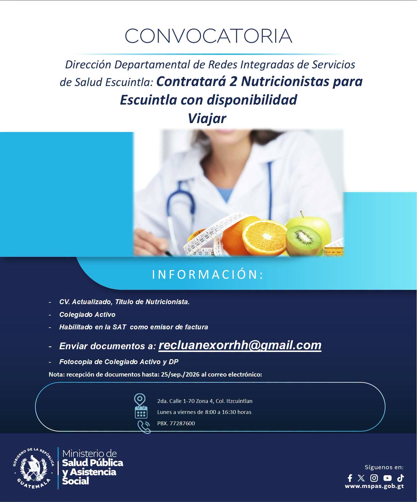 OFERTA LABORAL PARA NUTRICIONISTA EN ESCUINTLA