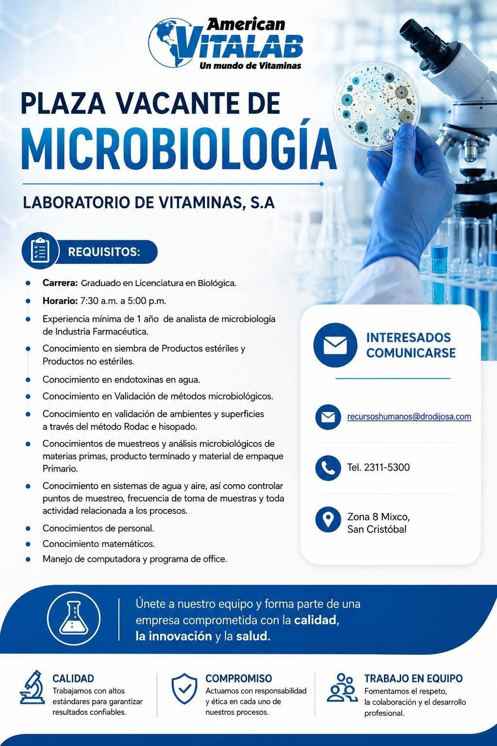 OFERTA LABORAL PARA QUÍMICÓ (A) FARMACÉUTICO (A)