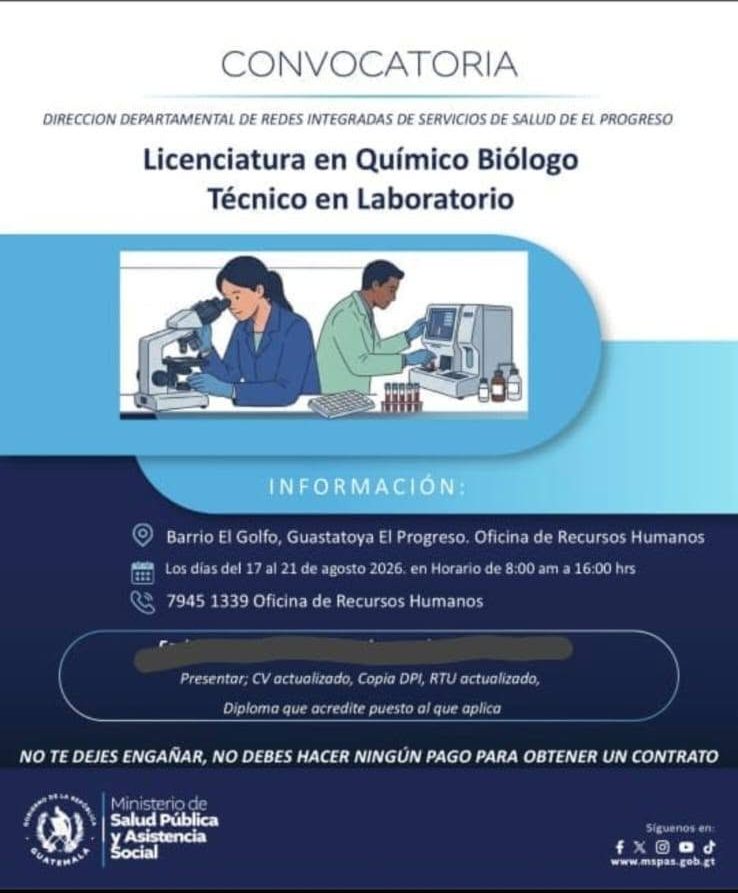 OFERTA LABORAL PARA QUÍMICO (A) BIÓLOGO (A)