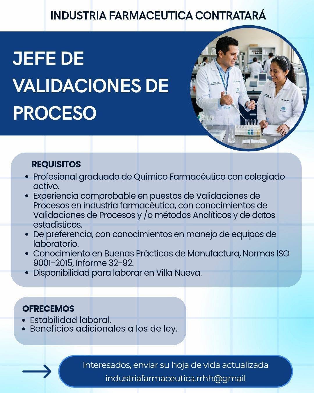 OFERTA LABORAL PARA QUÍMICO (A) FARMACÉUTICO (A)