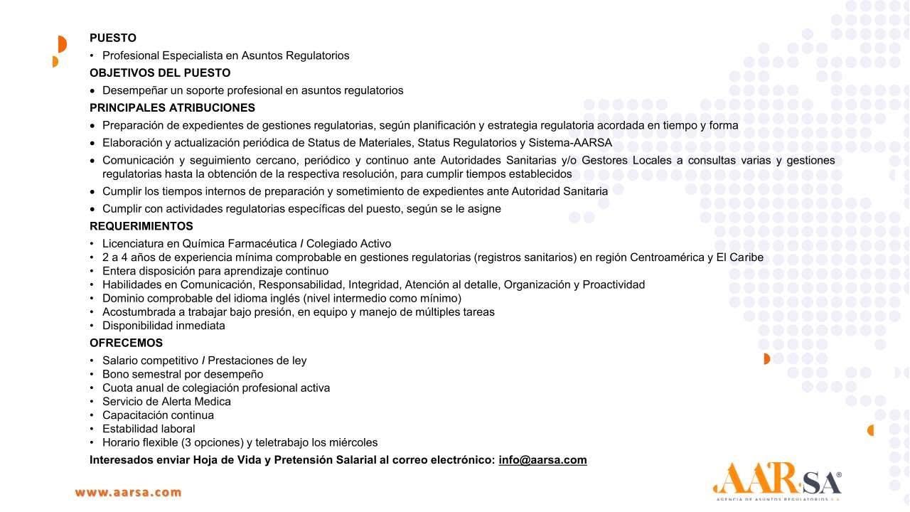 OFERTA LABORAL PARA QUÍMICO (A) FARMACÉUTICO (A)