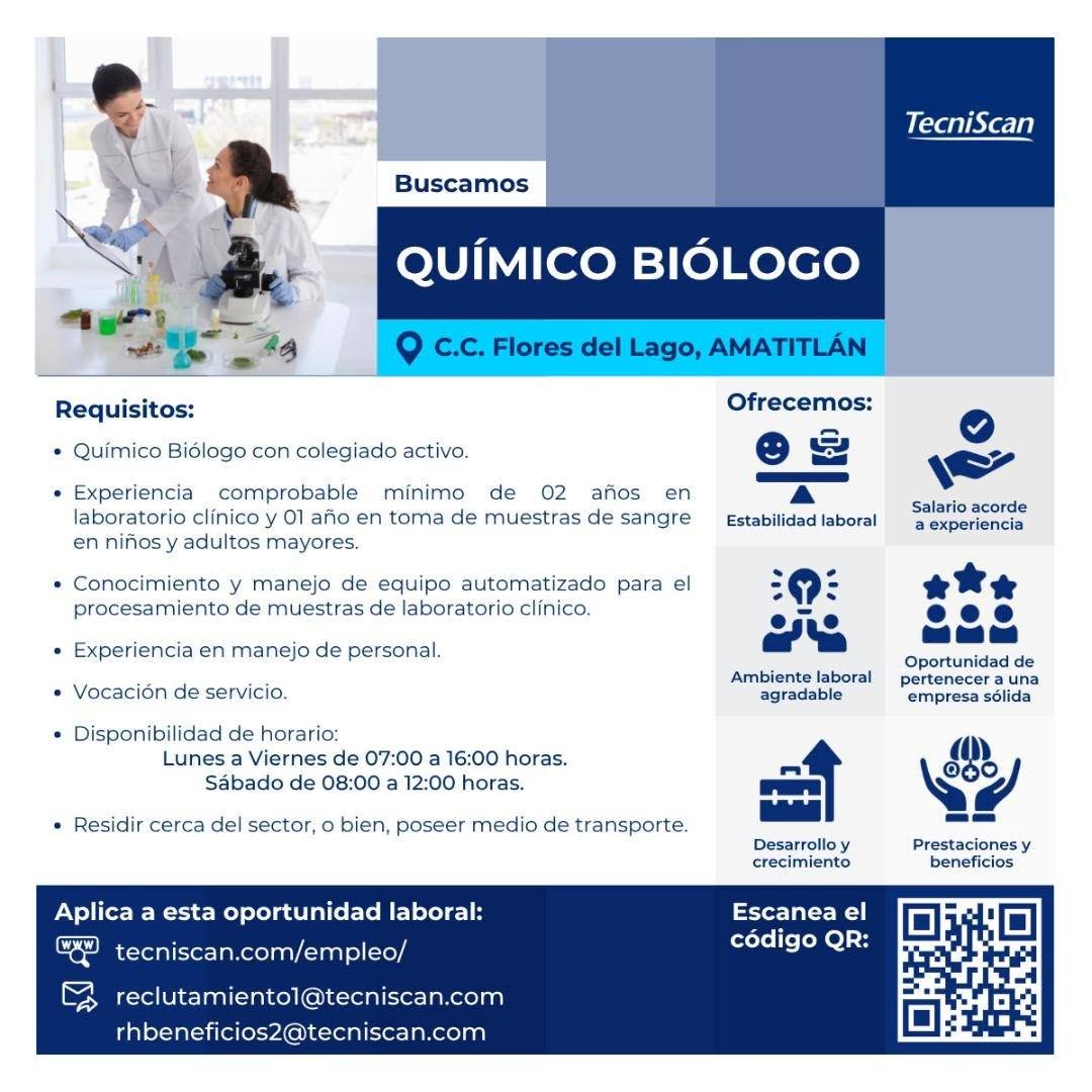 OFERTA LABORAL PARA QUÍMICO (A) BIÓLOGO (A)