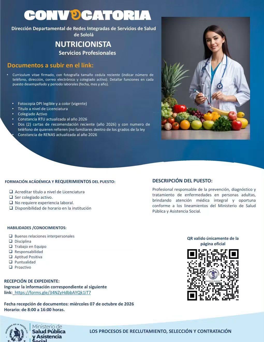 OFERTA PARA NUTRICIONISTA EN SOLOLÁ