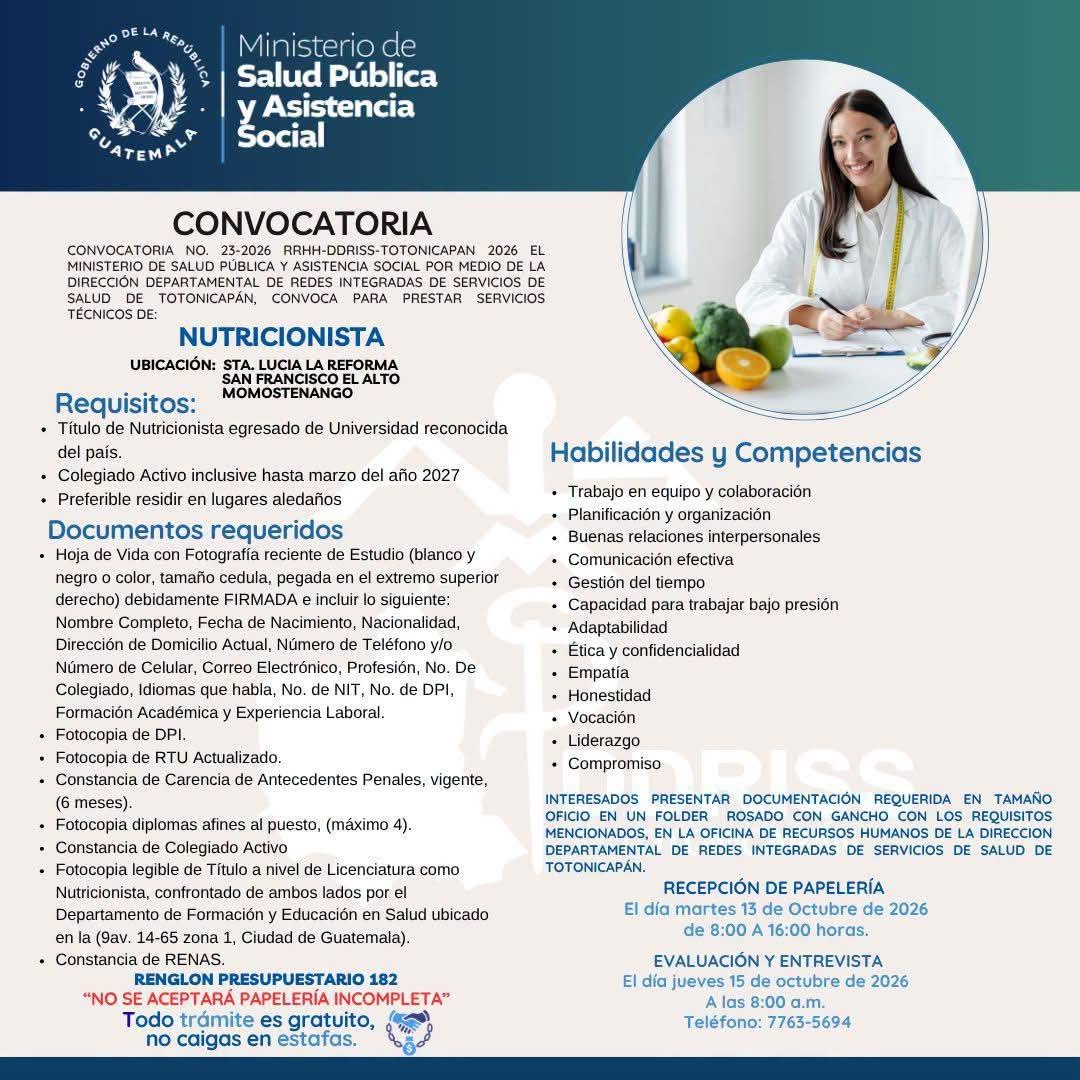 OFERTA LABORAL PARA NUTRICIONISTA EN TOTONICAPÁN