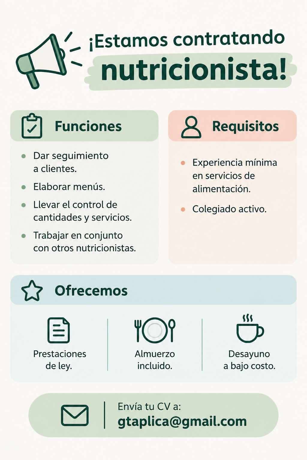 OFERTA LABORAL PARA NUTRICIONISTA