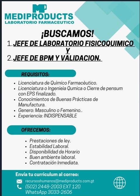 OFERTA LABORAL PARA QUÍMICO FARMACÉUTICO