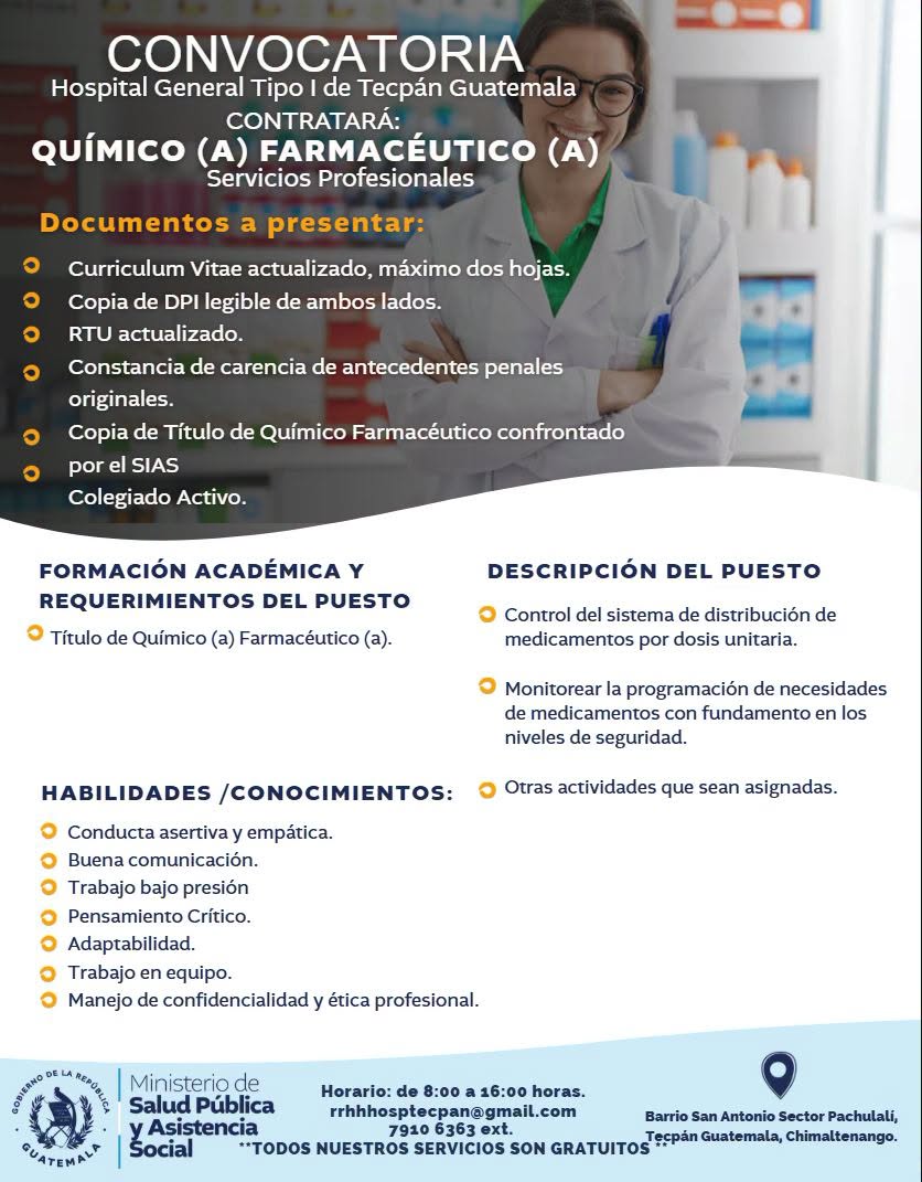 OFERTA LABORAL PARA QUÍMICO (A) FARMACÉUTICO (A) EN CHIMALTENANGO